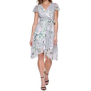 DKNY Womens White Belted Midi  Wrap Dress